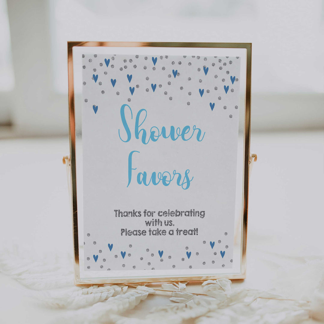 Favors baby shower signs, favors baby table signs, Blue hearts baby decor, printable baby table signs, printable baby decor, silver glitter table signs, fun baby signs, blue hearts fun baby table signs