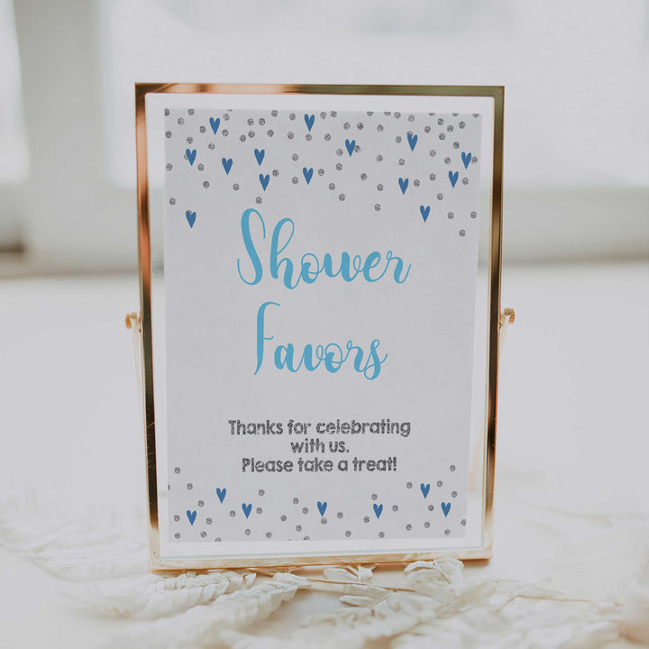 Favors baby shower signs, favors baby table signs, Blue hearts baby decor, printable baby table signs, printable baby decor, silver glitter table signs, fun baby signs, blue hearts fun baby table signs