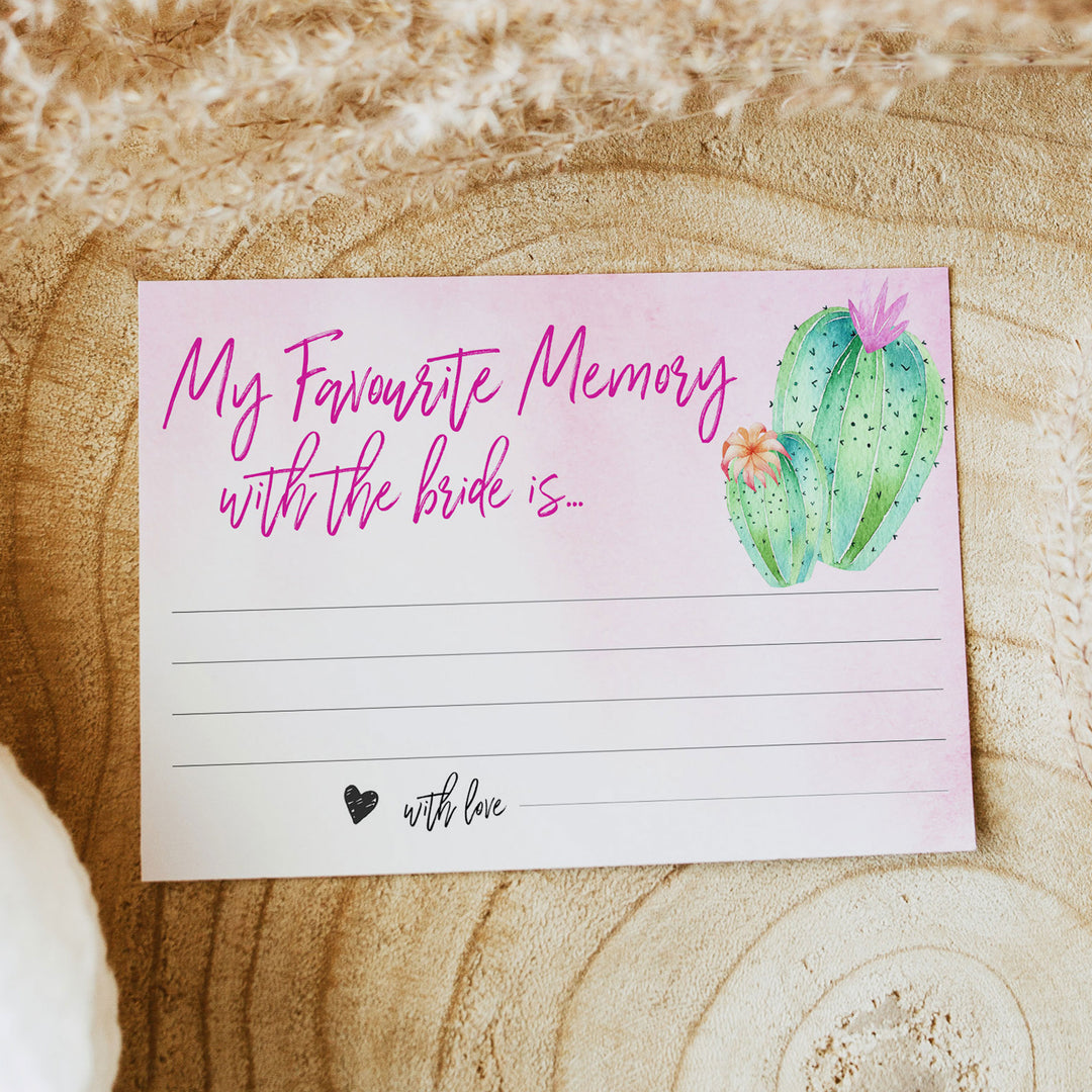 Bridal shower game printable Favourite Memory with the Bride, with a pink fiesta background and watercolour cactus design