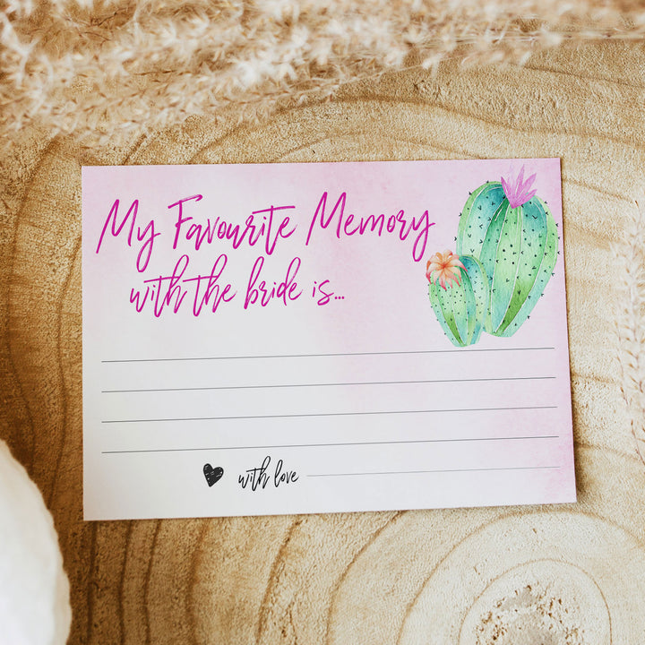 Bridal shower game printable Favourite Memory with the Bride, with a pink fiesta background and watercolour cactus design