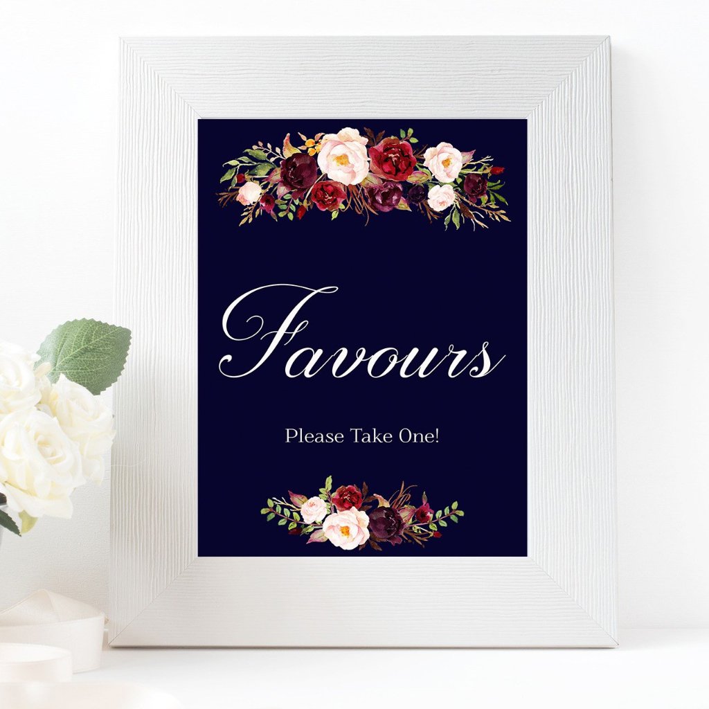 Favours Marsala Dark Blue Wedding sign printable