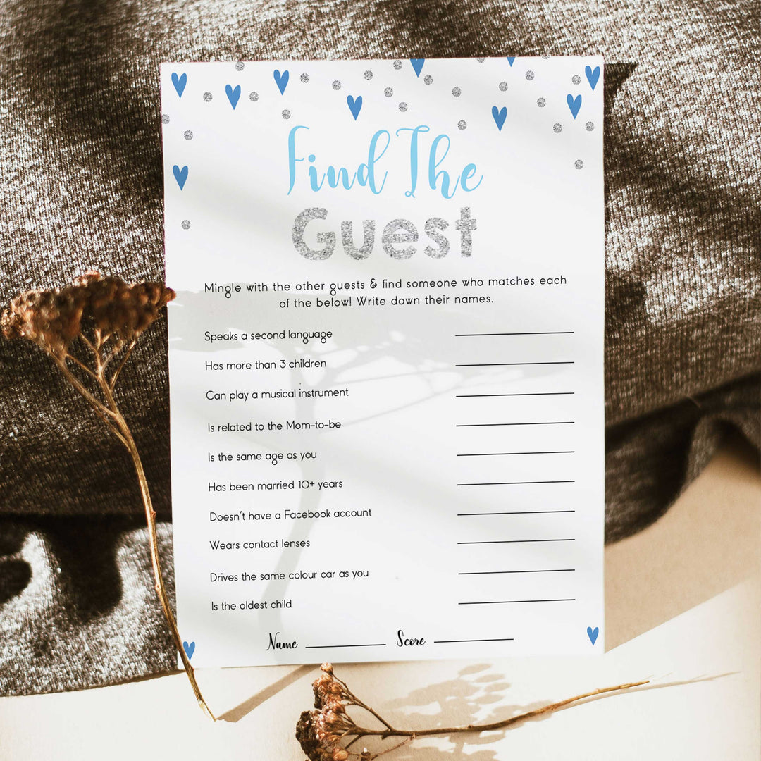 find the guest baby game, Printable baby shower games, small blue hearts fun baby games, baby shower games, fun baby shower ideas, top baby shower ideas, silver baby shower, blue hearts baby shower ideas