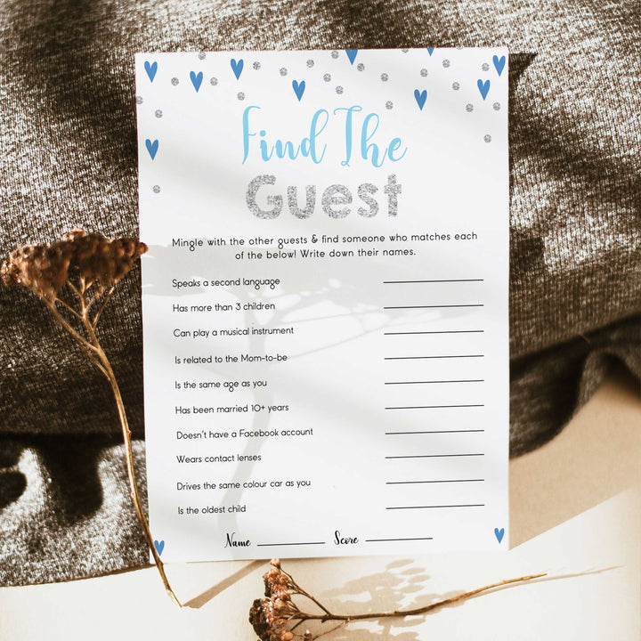 find the guest baby game, Printable baby shower games, small blue hearts fun baby games, baby shower games, fun baby shower ideas, top baby shower ideas, silver baby shower, blue hearts baby shower ideas