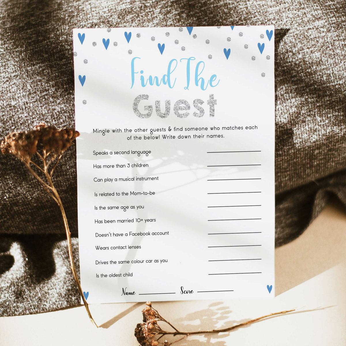 find the guest baby game, Printable baby shower games, small blue hearts fun baby games, baby shower games, fun baby shower ideas, top baby shower ideas, silver baby shower, blue hearts baby shower ideas