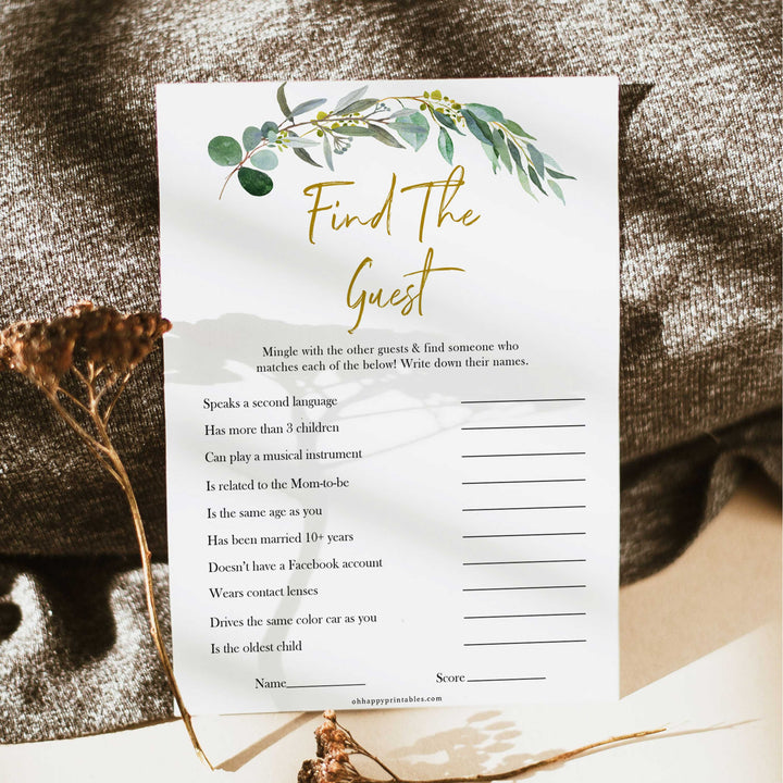Eucalyptus baby shower games, Find The Guest baby game, fun baby shower games, printable baby games, baby shower ideas, baby games, baby shower baby shower bundle, baby shower games packs, botanical baby shower	