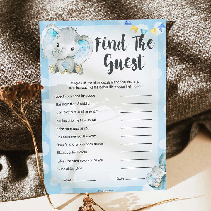 Blue elephant baby games, find the guest, elephant baby games, printable baby games, top baby games, best baby shower games, baby shower ideas, fun baby games, elephant baby shower