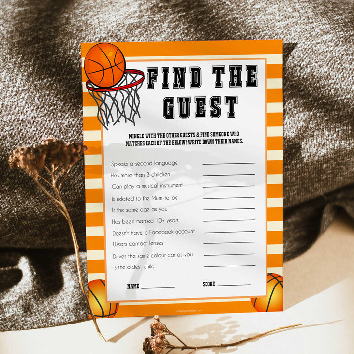 Basketball baby shower games, find the guest baby game, printable baby games, basket baby games, baby shower games, basketball baby shower idea, fun baby games, popular baby games