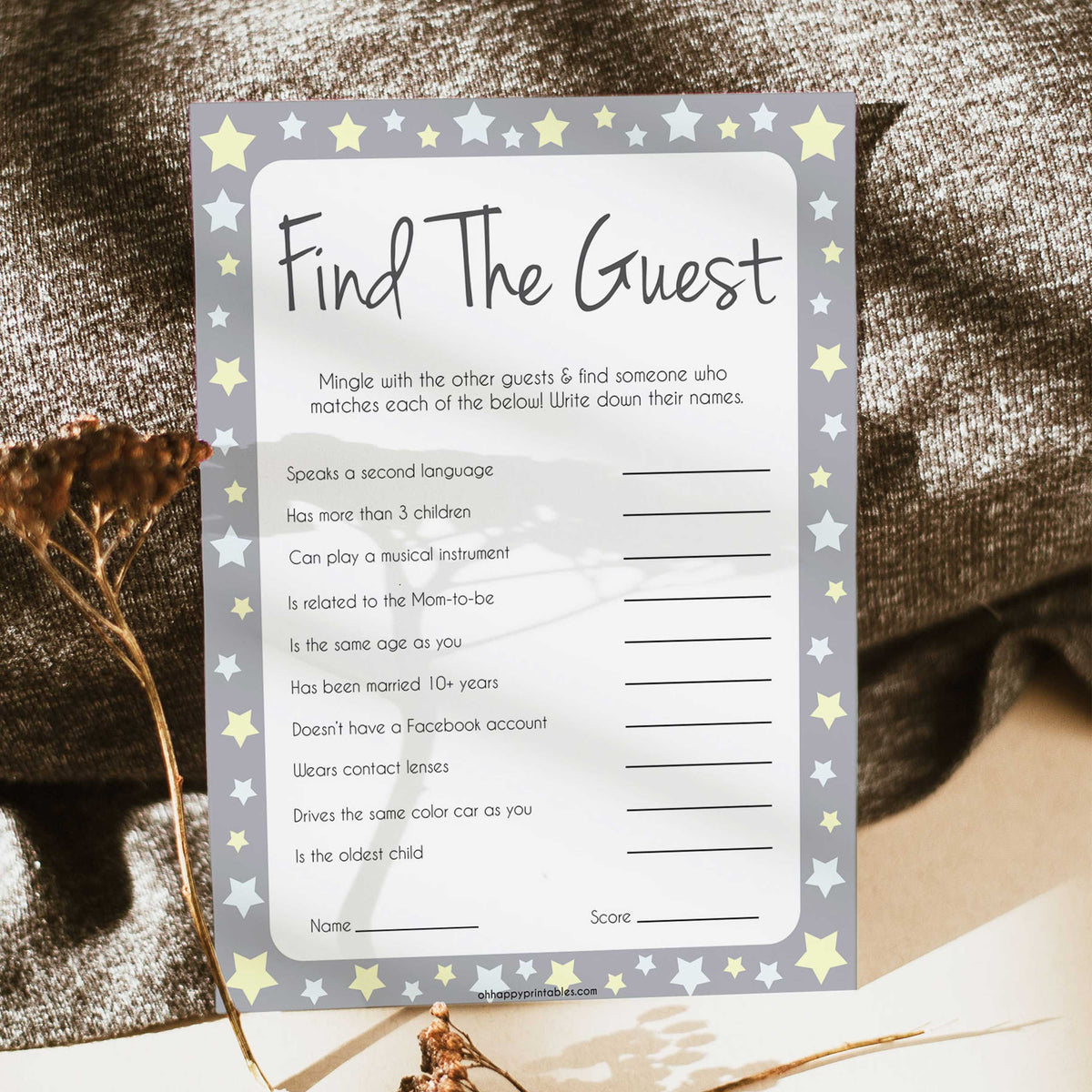 Grey Yellow Stars Find The Guest Baby Shower Game, Find the Guest, Ice Breaker Game, Baby Shower Games, Baby Shower, Find the Guest, fun baby shower games, popular baby shower games