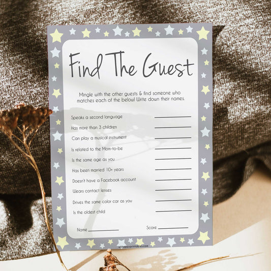Grey Yellow Stars Find The Guest Baby Shower Game, Find the Guest, Ice Breaker Game, Baby Shower Games, Baby Shower, Find the Guest, fun baby shower games, popular baby shower games