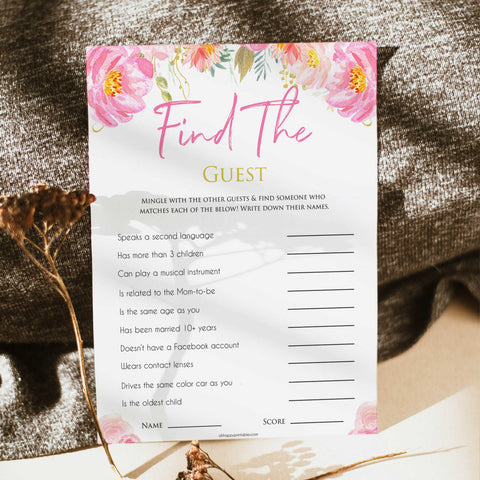 Pink blush floral baby shower find the guest, printable baby games, baby shower games, blush baby shower, floral baby games, girl baby shower ideas, pink baby shower ideas, floral baby games, popular baby games, fun baby games