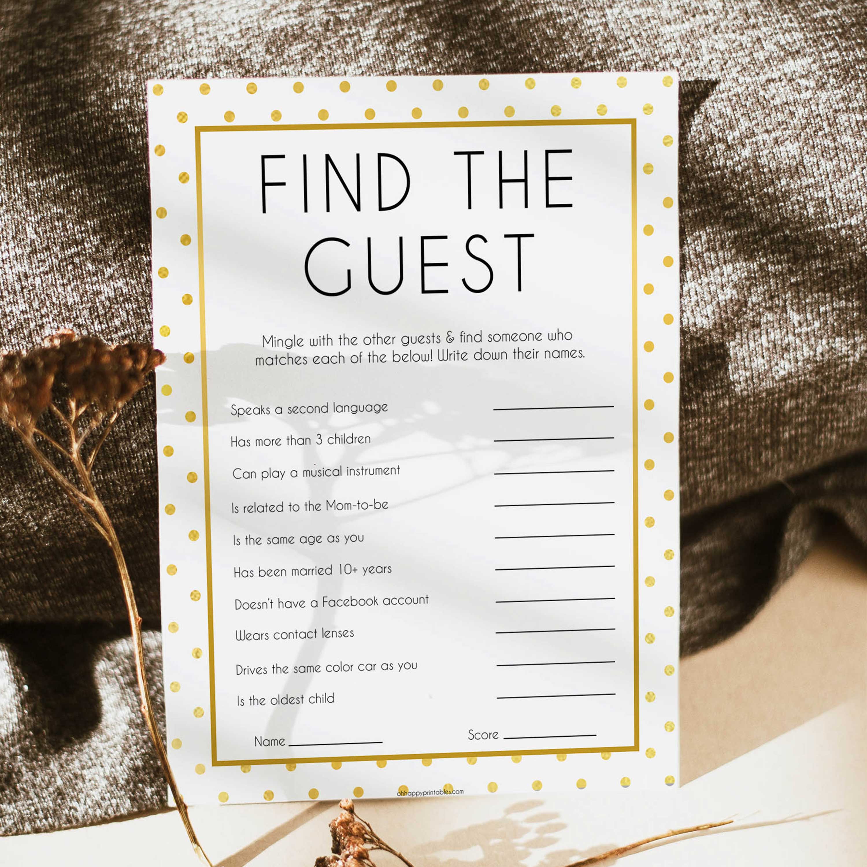find the guest baby game, Printable baby shower games, baby gold dots fun baby games, baby shower games, fun baby shower ideas, top baby shower ideas, gold glitter shower baby shower, friends baby shower ideas