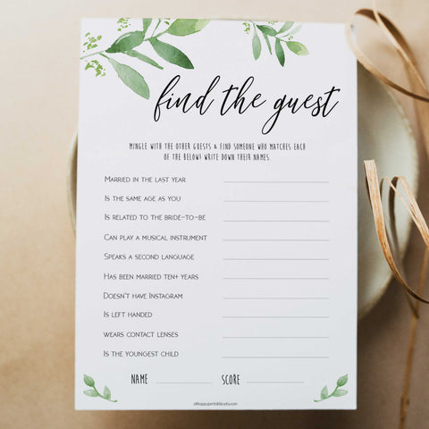 find the guest game, greenery bridal shower, fun bridal shower games, bachelorette party games, floral bridal games, hen party ideas