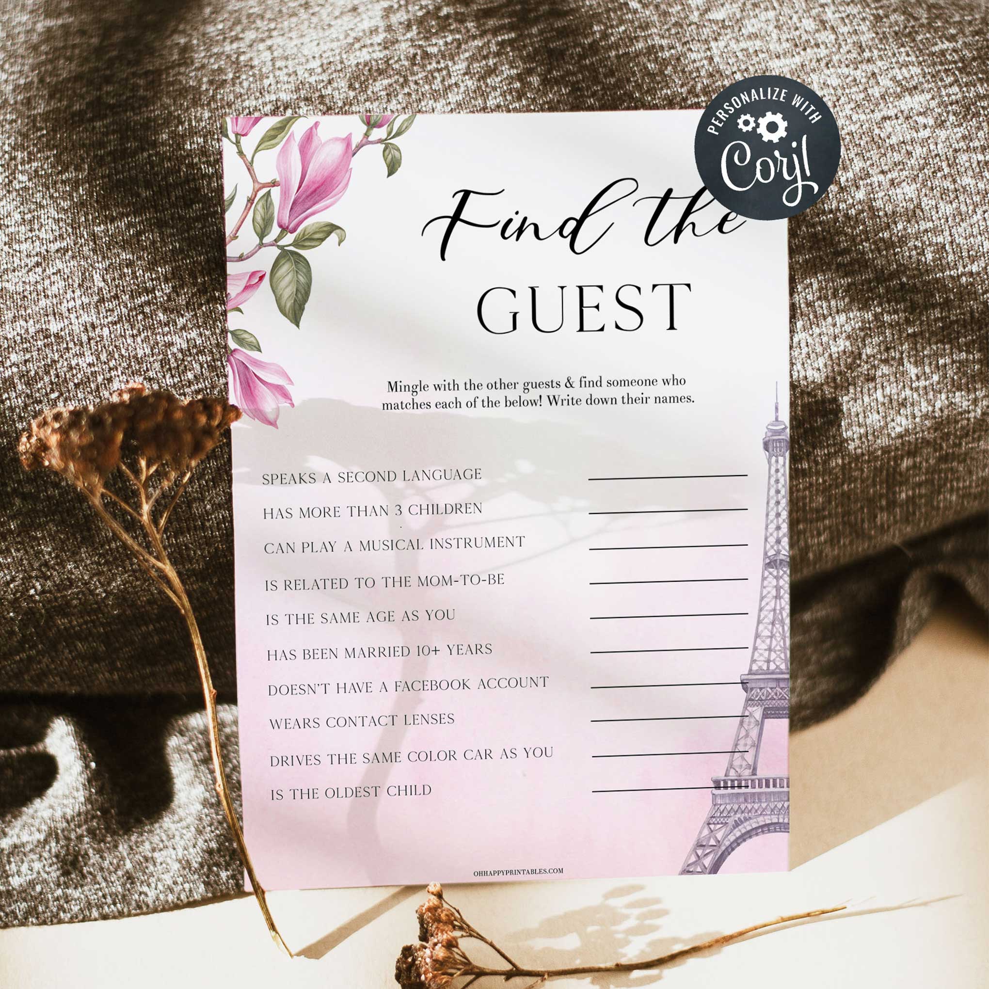 editable find the guest baby game, Paris baby shower games, printable baby shower games, Parisian baby shower games, fun baby shower games