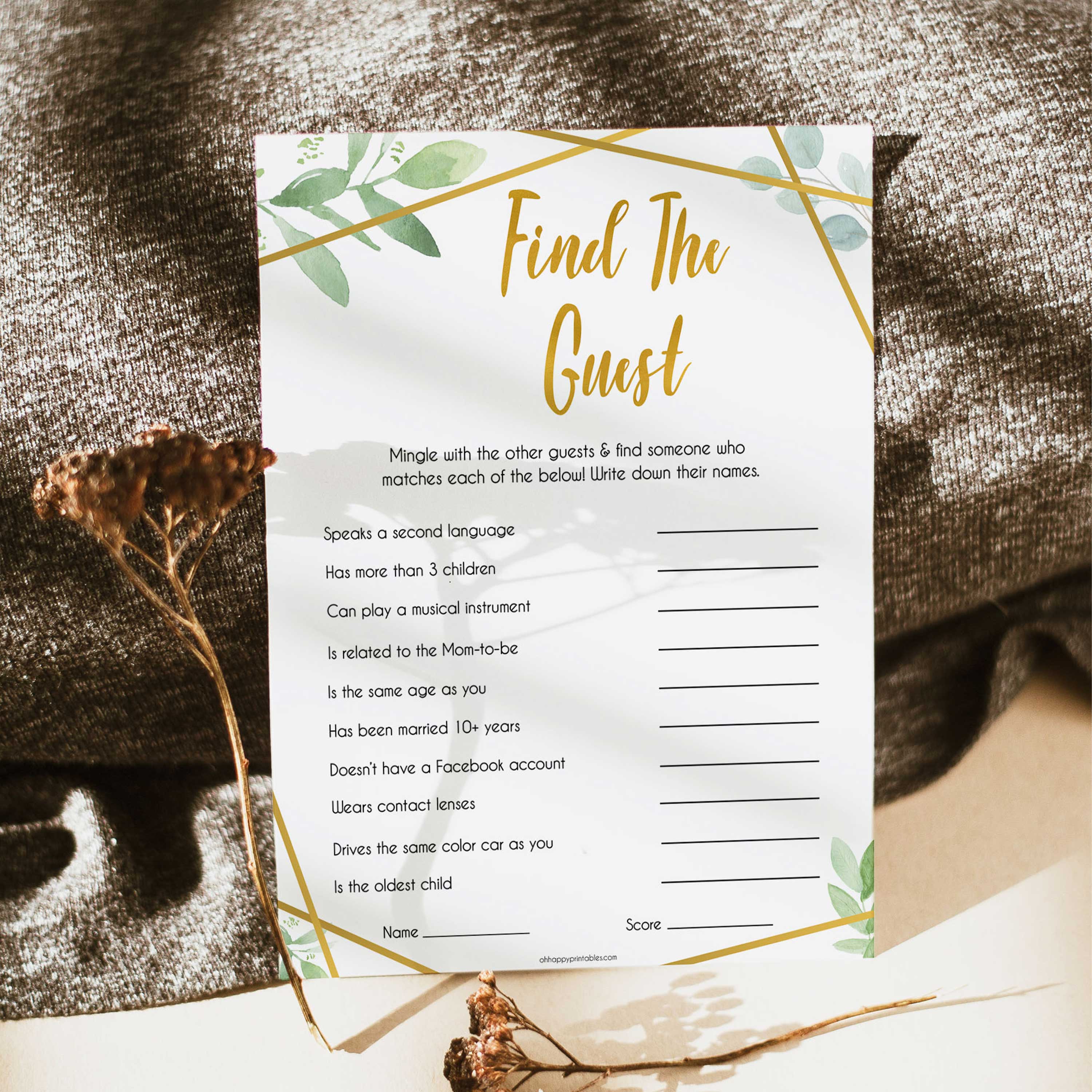 gold geometric find the guest baby shower games, printable baby shower games, fun baby games, popular baby games, gold baby games