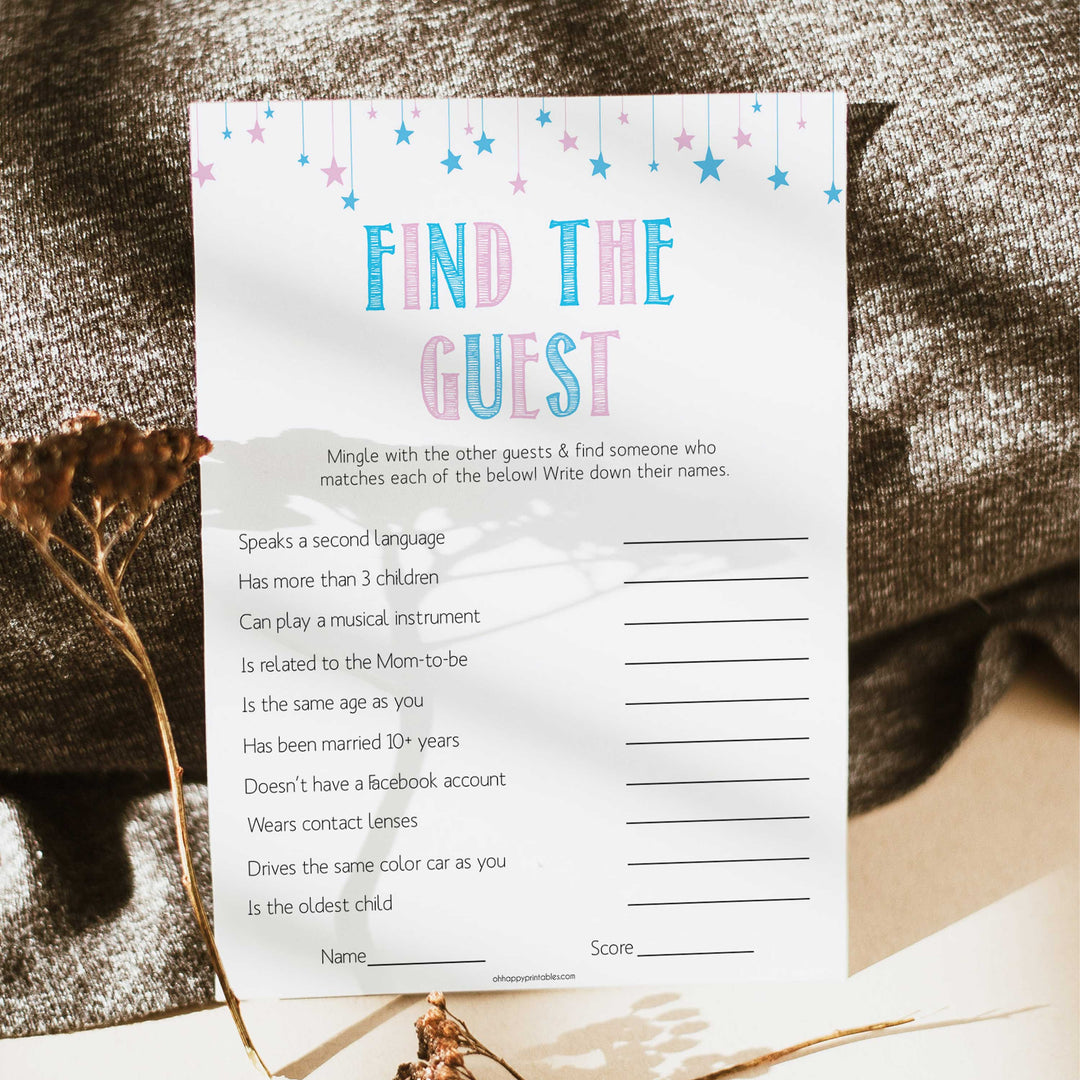 Gender reveal baby games, find the guest baby game, gender reveal shower, fun baby games, gender reveal ideas, popular baby games, best baby games, printable baby games, gender reveal baby games