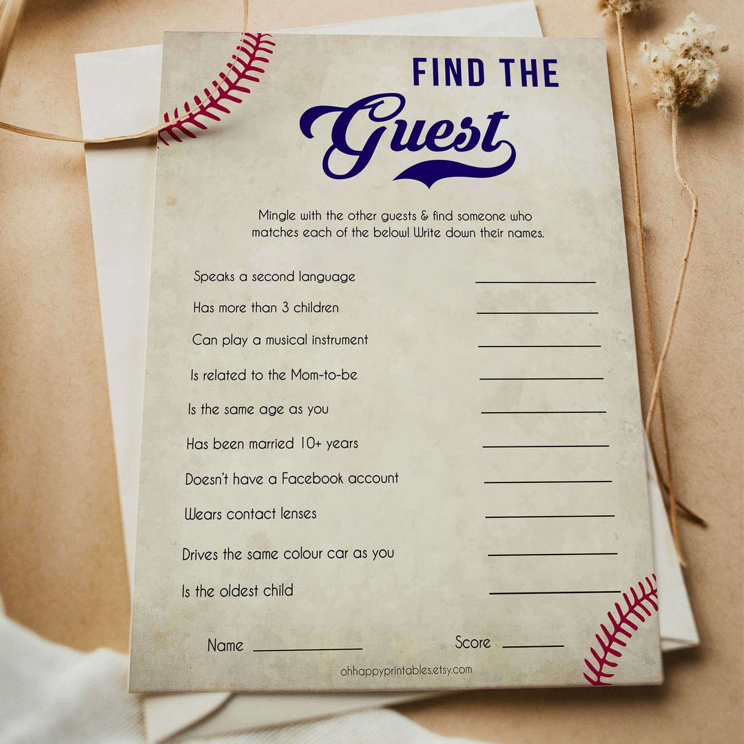 Baseball Find The Guest Baby Shower Game, Find the Guest, Ice Breaker Game, Baby Shower Games, Baseball Baby Shower, Find the Guest, printable baby shower games, fun baby shower games, popular baby shower games