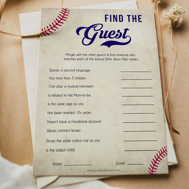 Baseball Find The Guest Baby Shower Game, Find the Guest, Ice Breaker Game, Baby Shower Games, Baseball Baby Shower, Find the Guest, printable baby shower games, fun baby shower games, popular baby shower games