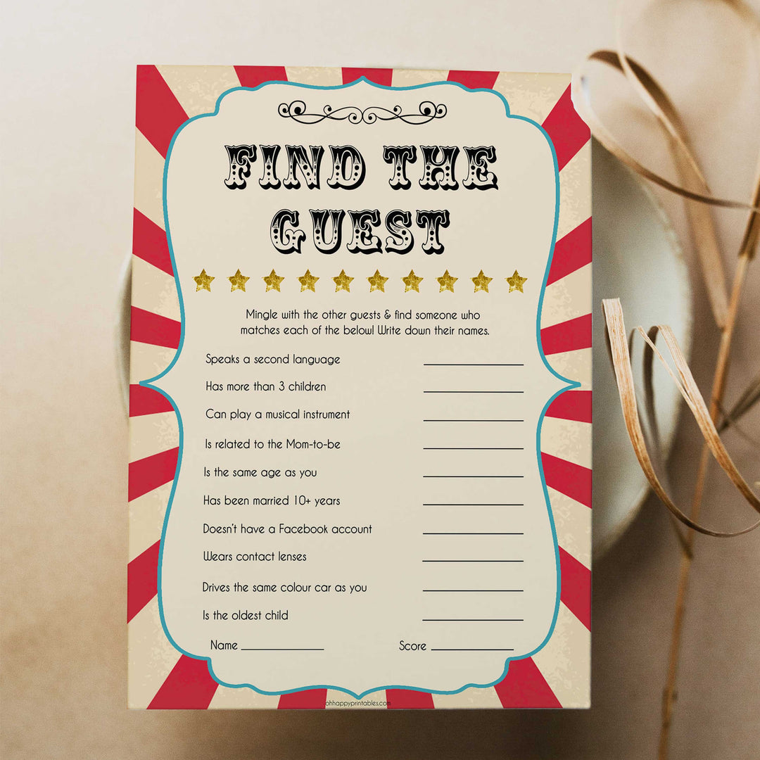 Circus find the guest baby shower games, circus baby games, carnival baby games, printable baby games, fun baby games, popular baby games, carnival baby shower, carnival theme