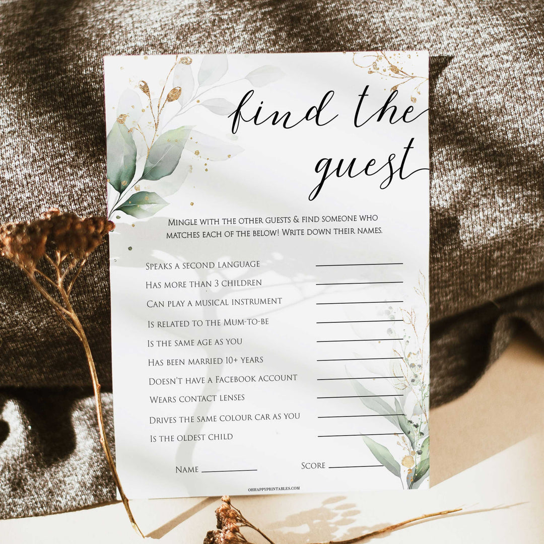 Gold green leaf baby games, find the guest baby games, printable baby games, fun baby games, top baby games to play, gold leaf baby shower, greenery baby shower ideas