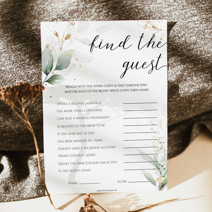 Gold green leaf baby games, find the guest baby games, printable baby games, fun baby games, top baby games to play, gold leaf baby shower, greenery baby shower ideas