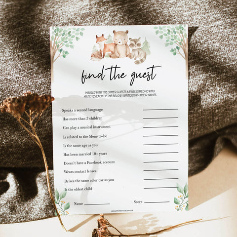 editable find the guest baby shower game, Printable baby shower games, woodland animals baby games, baby shower games, fun baby shower ideas, top baby shower ideas, woodland baby shower, baby shower games, fun woodland animals baby shower ideas