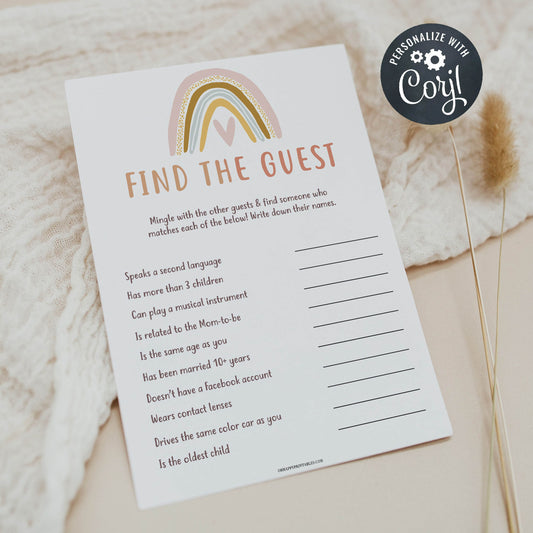 editable find the guest baby shower game, printable baby shower games, boho rainbow baby shower games, boho baby shower