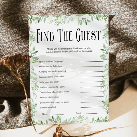 Greenery Find The Guest Baby Shower Game, Find the Guest, Ice Breaker Game, Baby Shower Games, Botanical Baby Shower, Find the Guest, printable baby shower games, fun baby shower games, popular baby shower games
