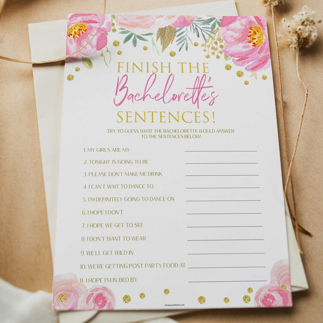finish the bachelorette sentences, printable bridal shower games, blush floral bridal shower games, fun bridal shower games