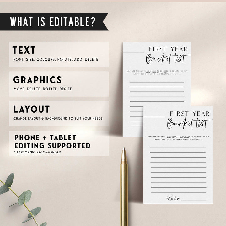 Printable baby shower game first year bucket list with a modern minimalist design