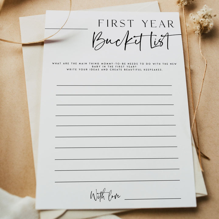 Printable baby shower game first year bucket list with a modern minimalist design