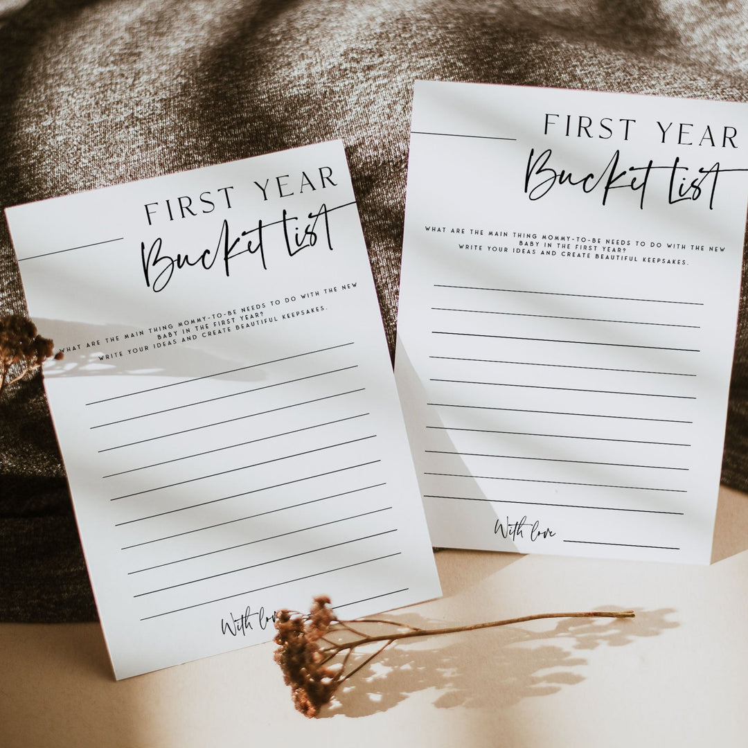 Printable baby shower game first year bucket list with a modern minimalist design