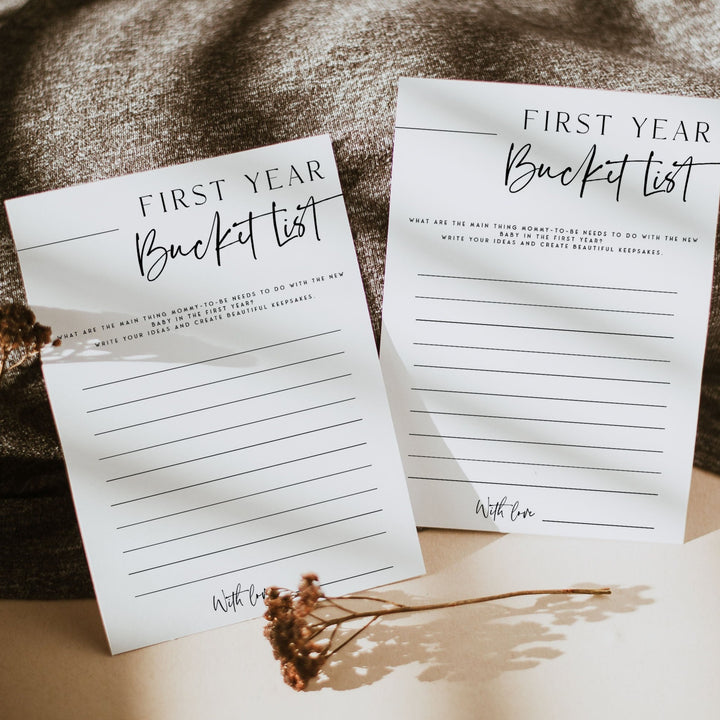 Printable baby shower game first year bucket list with a modern minimalist design