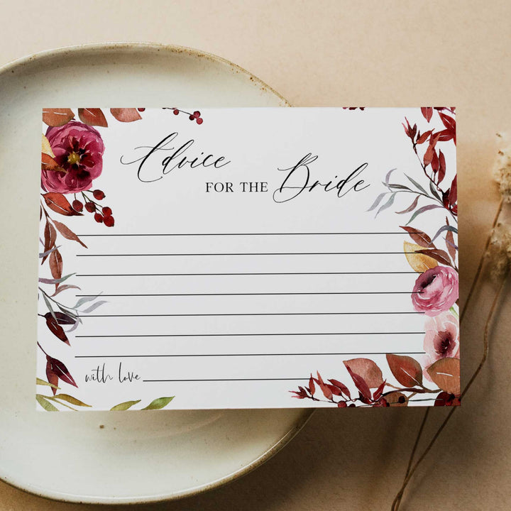 Fully editable and printable advice for the bride keepsake with a Fall design. Perfect for a fall floral bridal shower