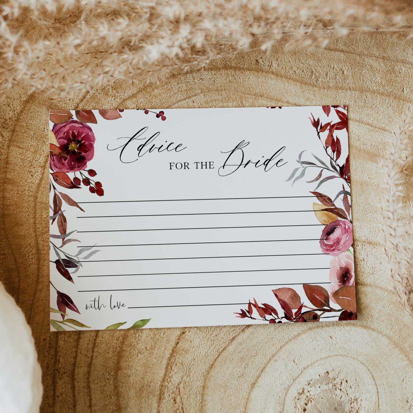 Fully editable and printable advice for the bride keepsake with a Fall design. Perfect for a fall floral bridal shower