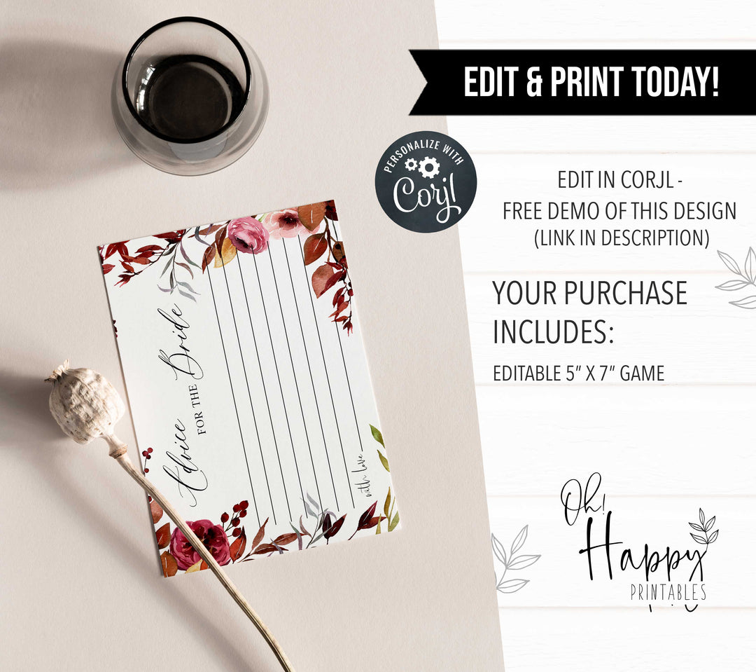Fully editable and printable advice for the bride keepsake with a Fall design. Perfect for a fall floral bridal shower