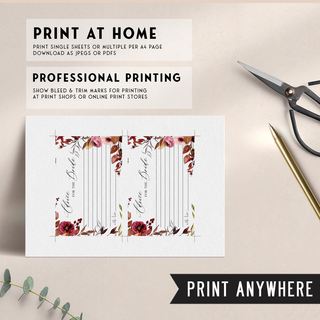 Fully editable and printable advice for the bride keepsake with a Fall design. Perfect for a fall floral bridal shower