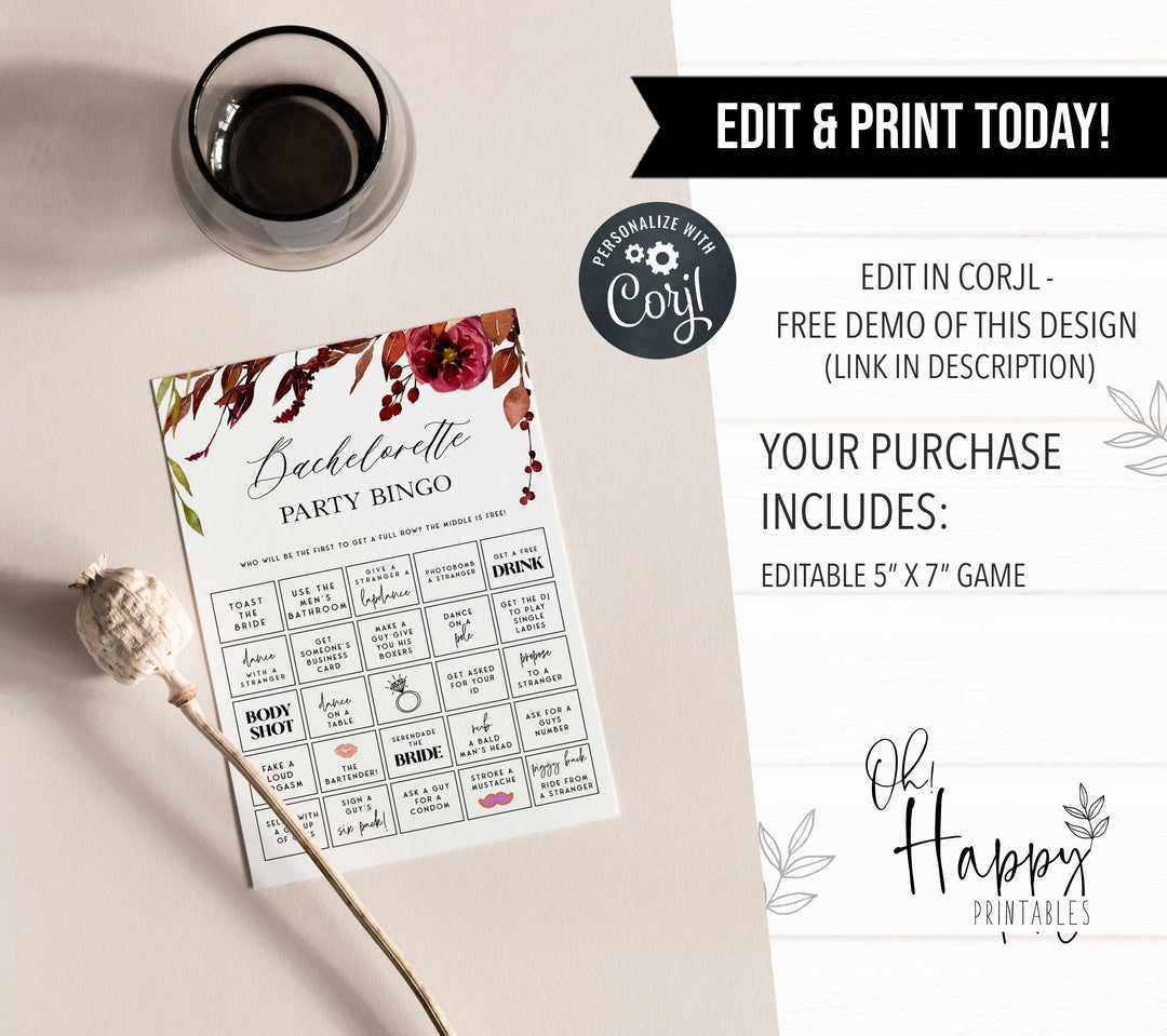 Fully editable and printable bachelorette party bingo game with a Fall design. Perfect for a fall floral bridal shower