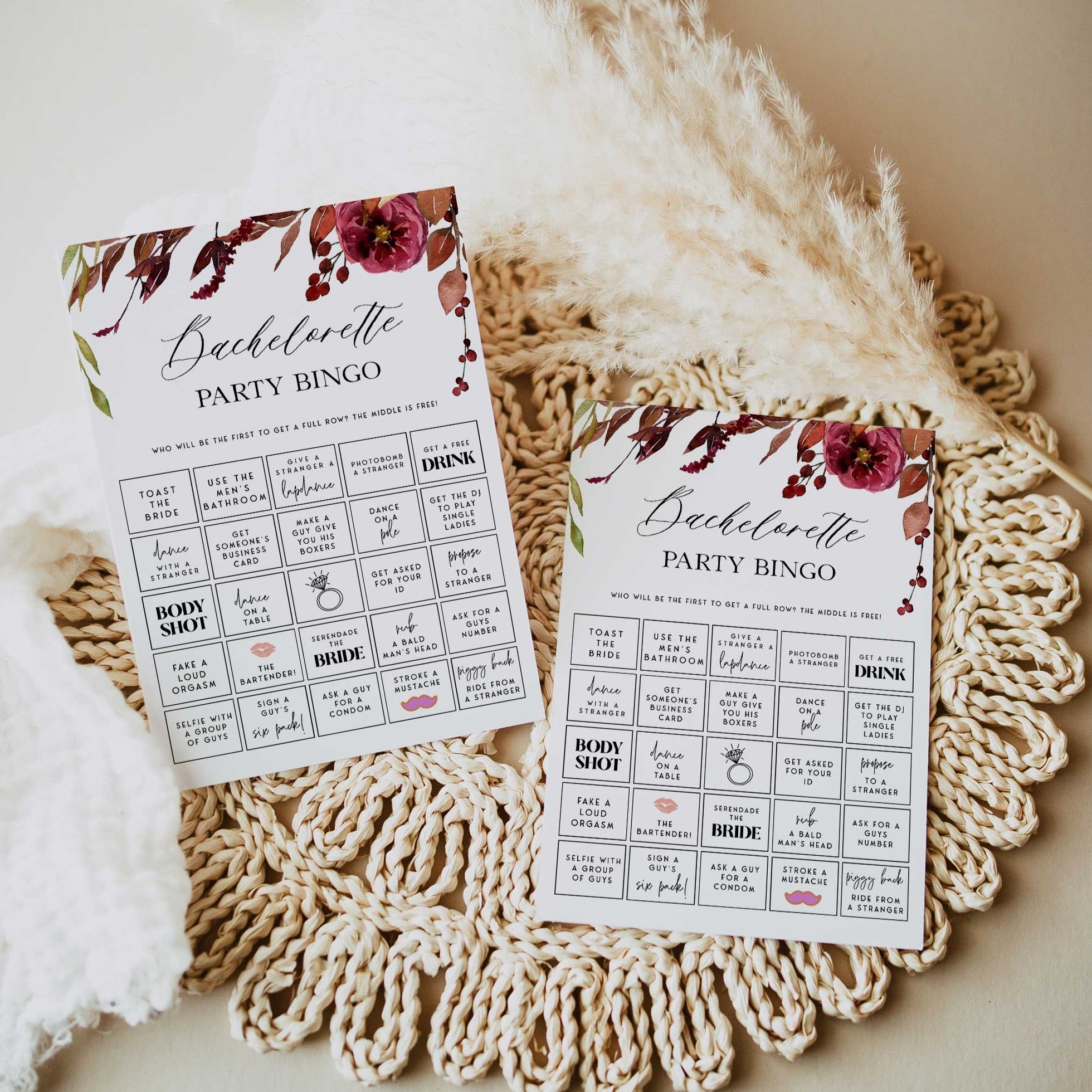 Fully editable and printable bachelorette party bingo game with a Fall design. Perfect for a fall floral bridal shower