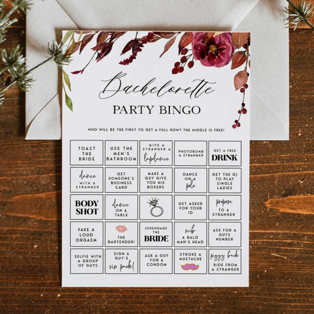 Fully editable and printable bachelorette party bingo game with a Fall design. Perfect for a fall floral bridal shower