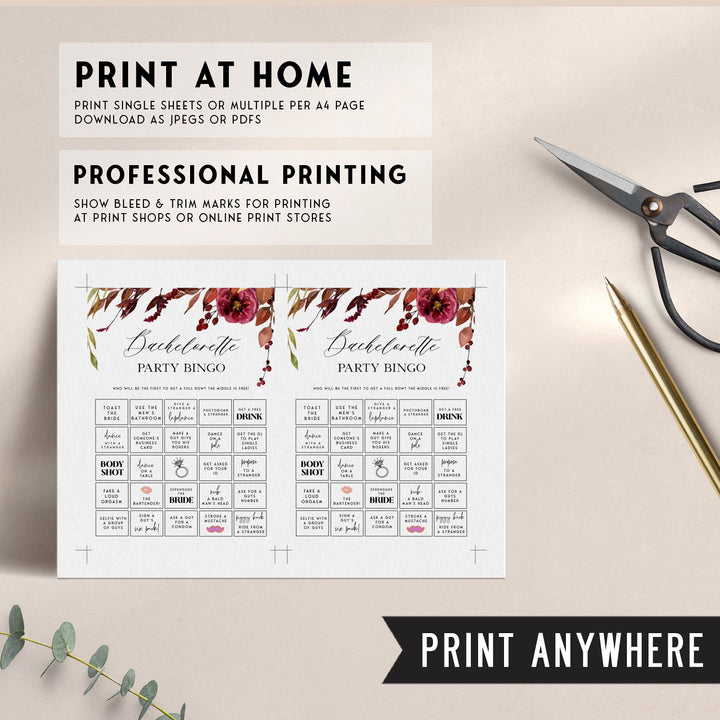 Fully editable and printable bachelorette party bingo game with a Fall design. Perfect for a fall floral bridal shower