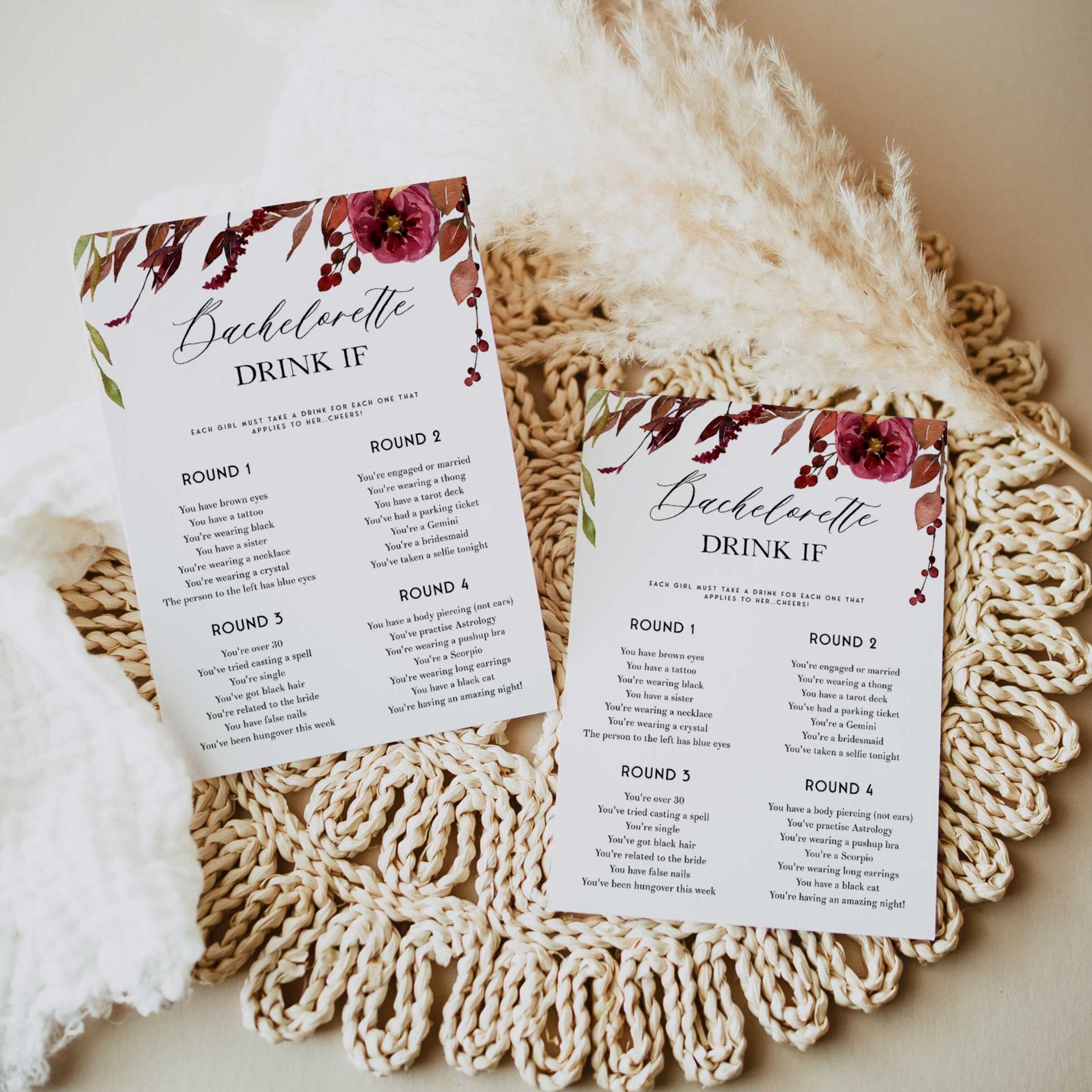 Fully editable and printable bachelorette drink if games with a Fall design. Perfect for a fall floral bridal shower