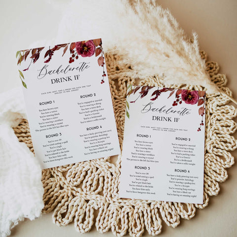 Fully editable and printable bachelorette drink if games with a Fall design. Perfect for a fall floral bridal shower