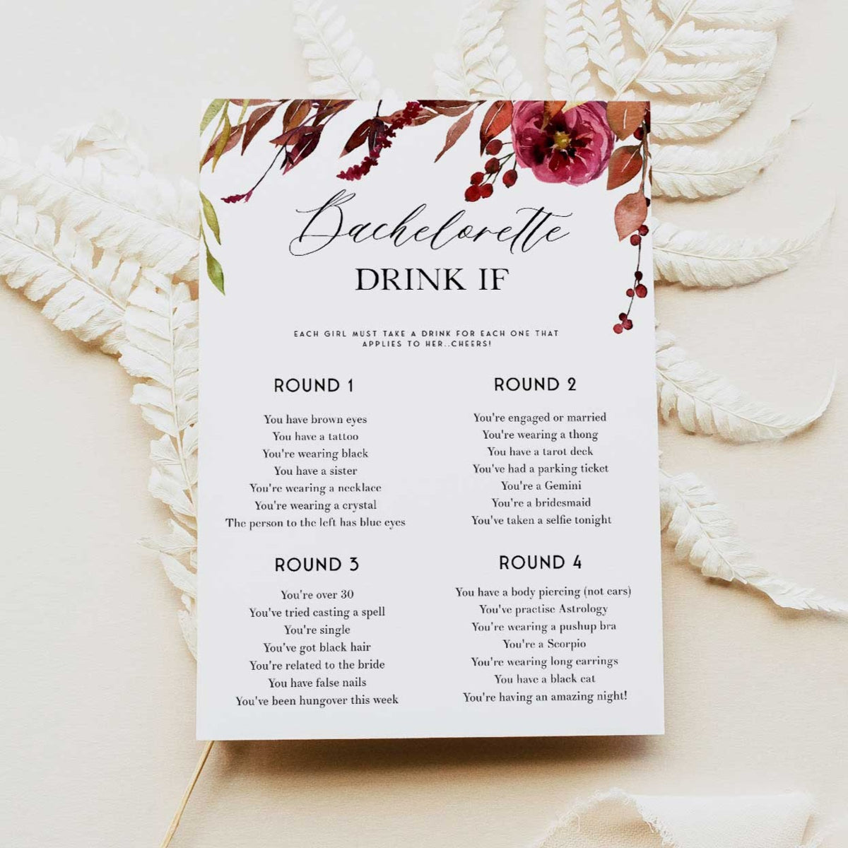 Fully editable and printable bachelorette drink if games with a Fall design. Perfect for a fall floral bridal shower