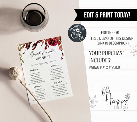 Fully editable and printable bachelorette drink if games with a Fall design. Perfect for a fall floral bridal shower