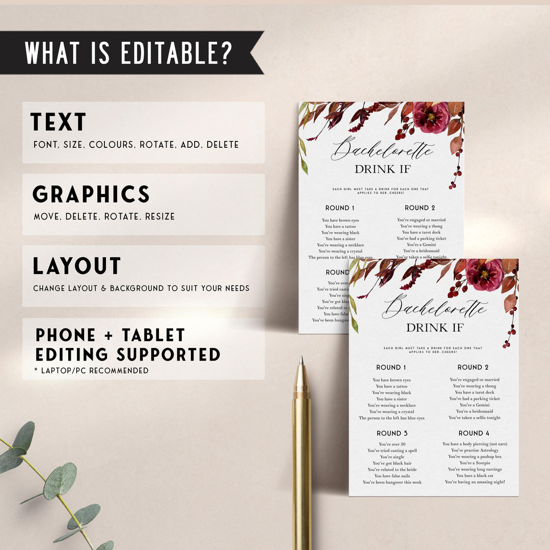 Fully editable and printable bachelorette drink if games with a Fall design. Perfect for a fall floral bridal shower