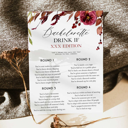 Fully editable and printable dirty bachelorette drink if games with a Fall design. Perfect for a fall floral bridal shower