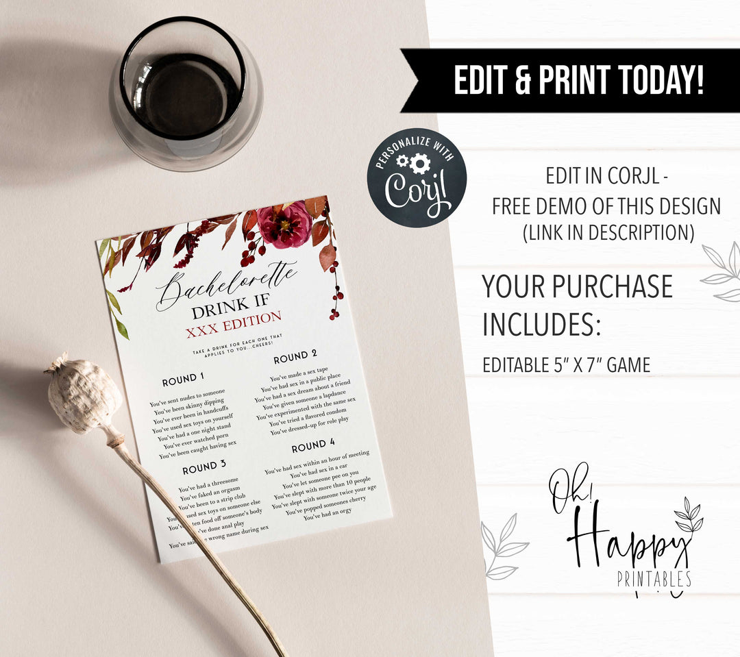 Fully editable and printable dirty bachelorette drink if games with a Fall design. Perfect for a fall floral bridal shower