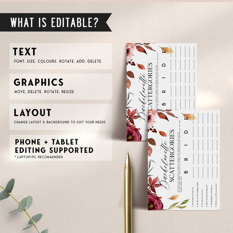Fully editable and printable bachelorette scattergories game with a Fall design. Perfect for a fall floral bridal shower