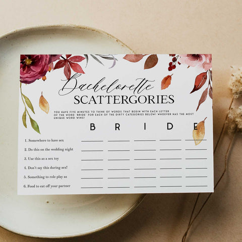 Fully editable and printable bachelorette scattergories game with a Fall design. Perfect for a fall floral bridal shower