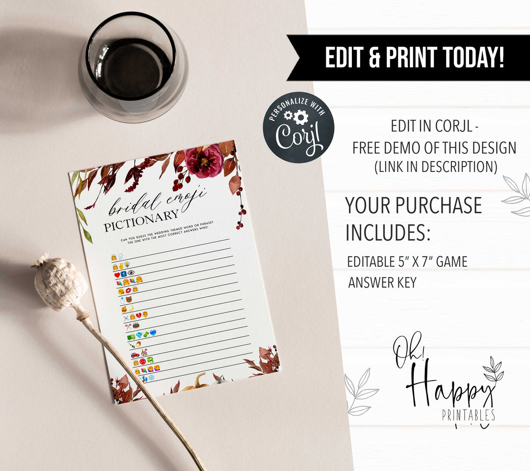 Fully editable and printable bridal shower emoji pictionary with a Fall design. Perfect for a fall floral bridal shower